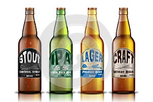 Craft Beer Label design. beer contained in glass bottle, with hops and golden ripe wheat ad. Vector 3d illustration