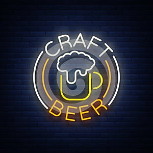 Craft beer logo, label, emblem vector illustration, design emblem in neon style. Neon logo, sign, bright signboard