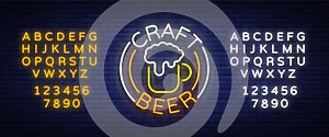 Craft beer logo, label, emblem vector illustration, design emblem in neon style. Neon logo, sign, bright signboard