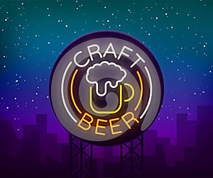 Craft beer logo, label, emblem vector illustration, design emblem in neon style. Neon logo, sign, bright signboard