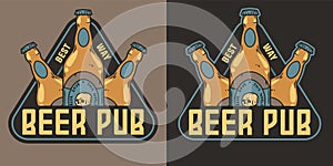 Craft beer pub emblem or vector design for logo of bar with beer bottles. Drink print or graphic label for brewery or