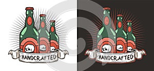 Craft beer pub emblem or vector design for logo of bar with beer bottles. Drink print or graphic label for brewery or