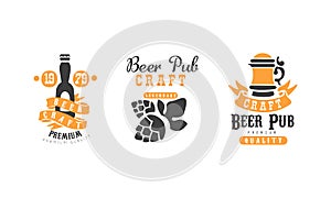 Craft Beer Pub Logo Templates Design Set, Premium Quality Product, Brewing Company, Bar Vintage Labels Vector