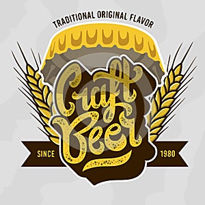 Craft Beer Script Lettering Badge Emblem Design With A Beer Bottle Cap And Wheats .