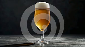 Craft beer in a tall glass. Foam-topped beverage on a dark background. Refreshing drink in a modern, simple style