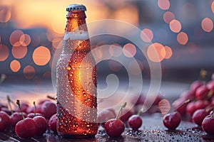 craft beer tasting, a frosty cherry beer bottle, covered in condensation, invitingly awaits to be uncorked and savored