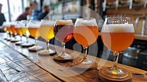 Craft beer tasting: A lineup of beer glasses filled with various types of beer, sits neatly on top of a rustic wooden