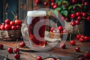 craft beer tasting, the rich hue of cherry beer glistens in the glass, offering a lavish and pleasurable drinking photo