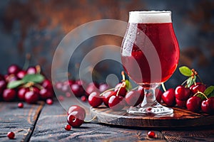 craft beer tasting, the vibrant crimson hue of cherry beer sparkles in the glass, hinting at a rich and satisfying taste