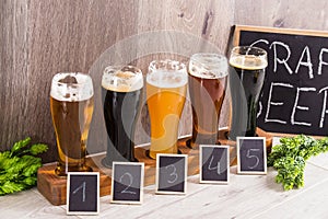 Craft Beer Tasting Wood Background.