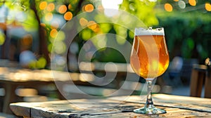 Craft beer in transparent glass on wooden table at outdoor cafe with blurred green summer background