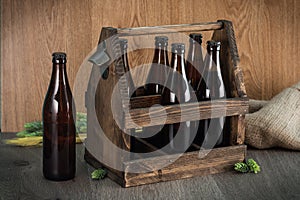 Craft beer from a wooden box.