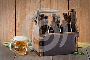 Craft beer from a wooden box.