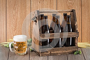 Craft beer from a wooden box.