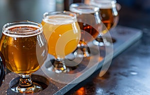 Craft beers served together in a sampler tray