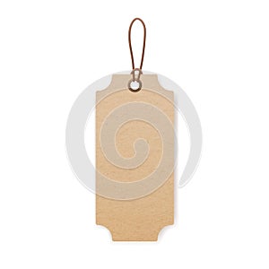 Craft blank price tag hanging on cord. Kraft cardboard price label on string. Eco brown paper badge mockup for gift