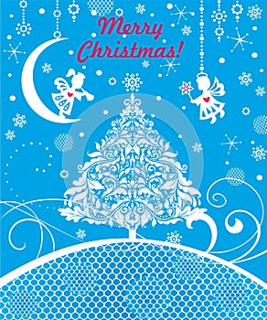 Craft blue Xmas greeting card with paper cutting little angels, snowflakes, Christmas tree and Christmas star