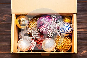 Craft box with Christmas decorations. Top view