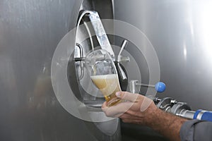 Craft brewing equipment in the brewery. Man filling a glass of beer from the tank for tasting.