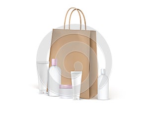 Craft brown paper shopping bag with cosmetic tubes around. Gift idea mockup template. Present for woman