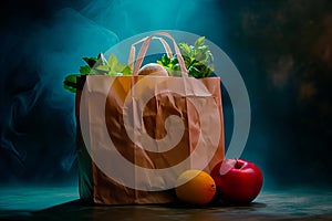 Craft brown shopping paper bag on blue background with soft Sfumato lightening. photo