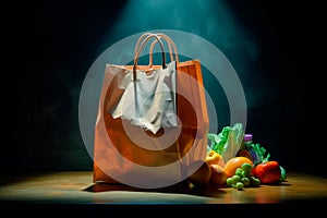 Craft brown shopping paper bag on blue background with soft Sfumato lightening. photo