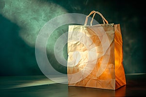 Craft brown shopping paper bag on blue background with soft Sfumato lightening. photo