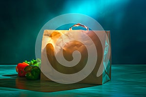 Craft brown shopping paper bag on blue background with soft Sfumato lightening. photo