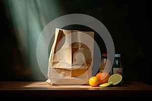 Craft brown shopping paper bag on blue background with soft Sfumato lightening. photo