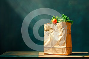 Craft brown shopping paper bag on blue background with soft Sfumato lightening. photo