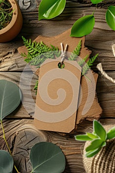 Craft brown tag with natural fern on vintage wood with green foliage