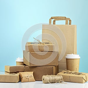 Craft cardboard gift boxes, paper bag and cardboard cups