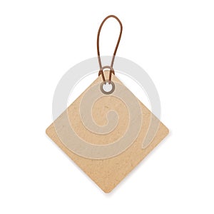 Craft cardboard label hanging on string. Kraft paper price tag of square shape. Blank carton card with loop and cord