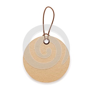 Craft cardboard label with loop and cord. Round kraft paper price tag mockup. Blank circle card hanging on string, twine