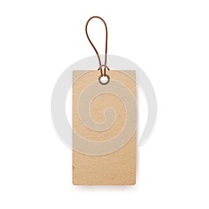 Craft cardboard label with loop and string. Kraft paper vintage price tag of rectangle shape, hanging on twine. Blank