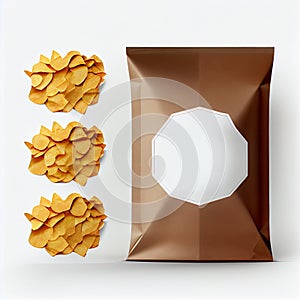 Craft Cardboard Paper Blank Food Snack Sachet Bag Packaging For Chips, Cookies. 3D Illustration Isolated. Mock Up Template.