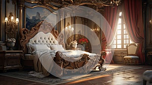 Craft a classic European-style luxury bedroom with antique furniture, intricate wallpaper, and a luxurious, hand-carved bed frame