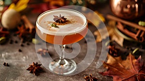 Craft cocktail with frothy top and cinnamon, perfect for fall menus.