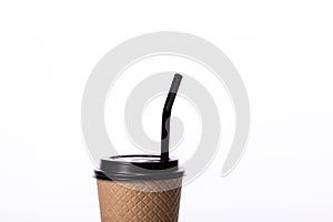 Craft coffee paper cup with eco-friendly glass straw, isolated white background