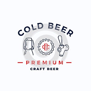 Craft Cold Beer Abstract Vector Beer Sign, Emblem or Logo Template. Growler Bottle, Cap and Beer Tap Icons with Vintage
