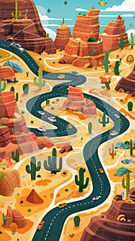 Craft a dynamic infographic highlighting famous desert routes from a birdseye perspective Use vibrant colors, intricate details,