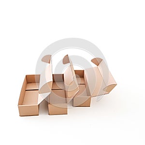 Craft empty boxes are open on a white background. Place for text and logo. The concept of packaging, delivery, food.