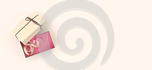 Craft empty gift boxes with ribbon on beige copy space background. Top view