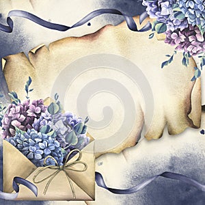 Craft envelope with hydrangea and eucalyptus flowers, ribbons, stains and splashes. Hand drawn watercolor illustration