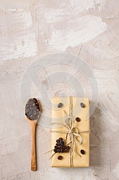 Craft gift box and spoon with coffee beans