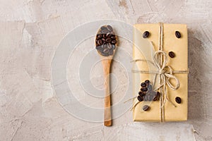 Craft gift box and spoon with coffee beans