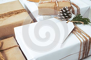 Craft and handmade Christmas present gift boxes with tag