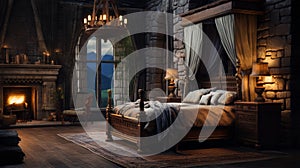 Craft a highland castle-inspired luxury bedroom with a grand four-poster bed, rich tapestries, and views of a misty moat and