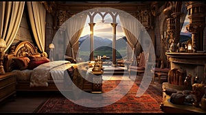 Craft a highland castle-inspired luxury bedroom with a grand four-poster bed, rich tapestries, and views of a misty moat and
