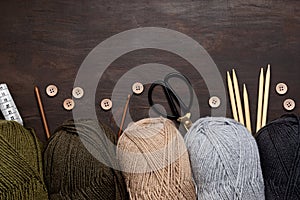 Craft hobby background with yarn in natural colors. Recomforting, destressing hobby